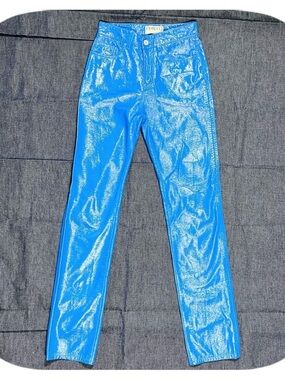 VTG 90s Fiorucci Womens Yves Cobalt Blue Vinyl Pants 26” Made In Italy